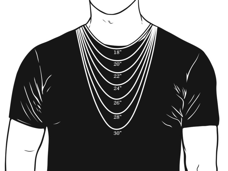 May include: A black and white illustration of a person wearing a t-shirt with different lengths of necklaces, labelled 18", 20", 22", 24", 26", 28", and 30".
