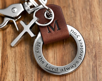 Custom Religious Cross Charm Keychain - Italian Leather Keychain - Personalized with any text up to 35 Char - Handcrafted