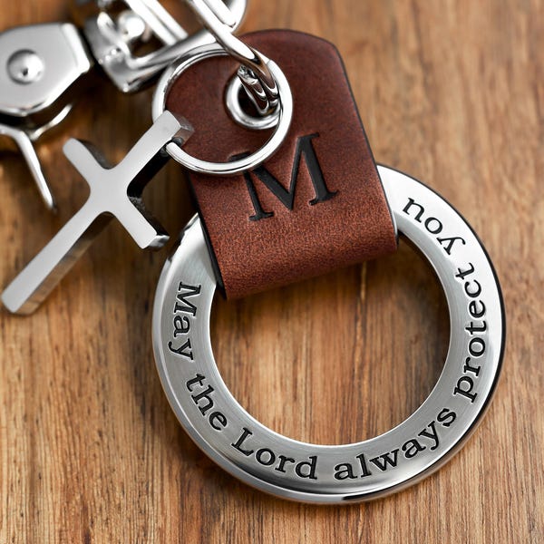 Custom Religious Cross Charm Keychain - Italian Leather Keychain - Personalized with any text up to 35 Char - Handcrafted