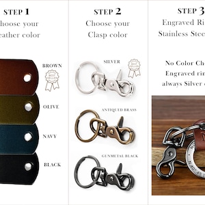 May include: A product guide showing leather color options in brown, olive, navy, and black. Clasp options include silver, antiqued brass, and gunmetal black. A final section displays a stainless steel engraved ring with a brown leather attachment.