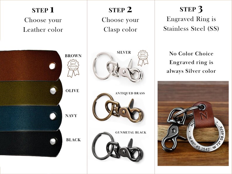 May include: A product guide showing leather color options in brown, olive, navy, and black. Clasp options include silver, antiqued brass, and gunmetal black. A final section displays a stainless steel engraved ring with a brown leather attachment.