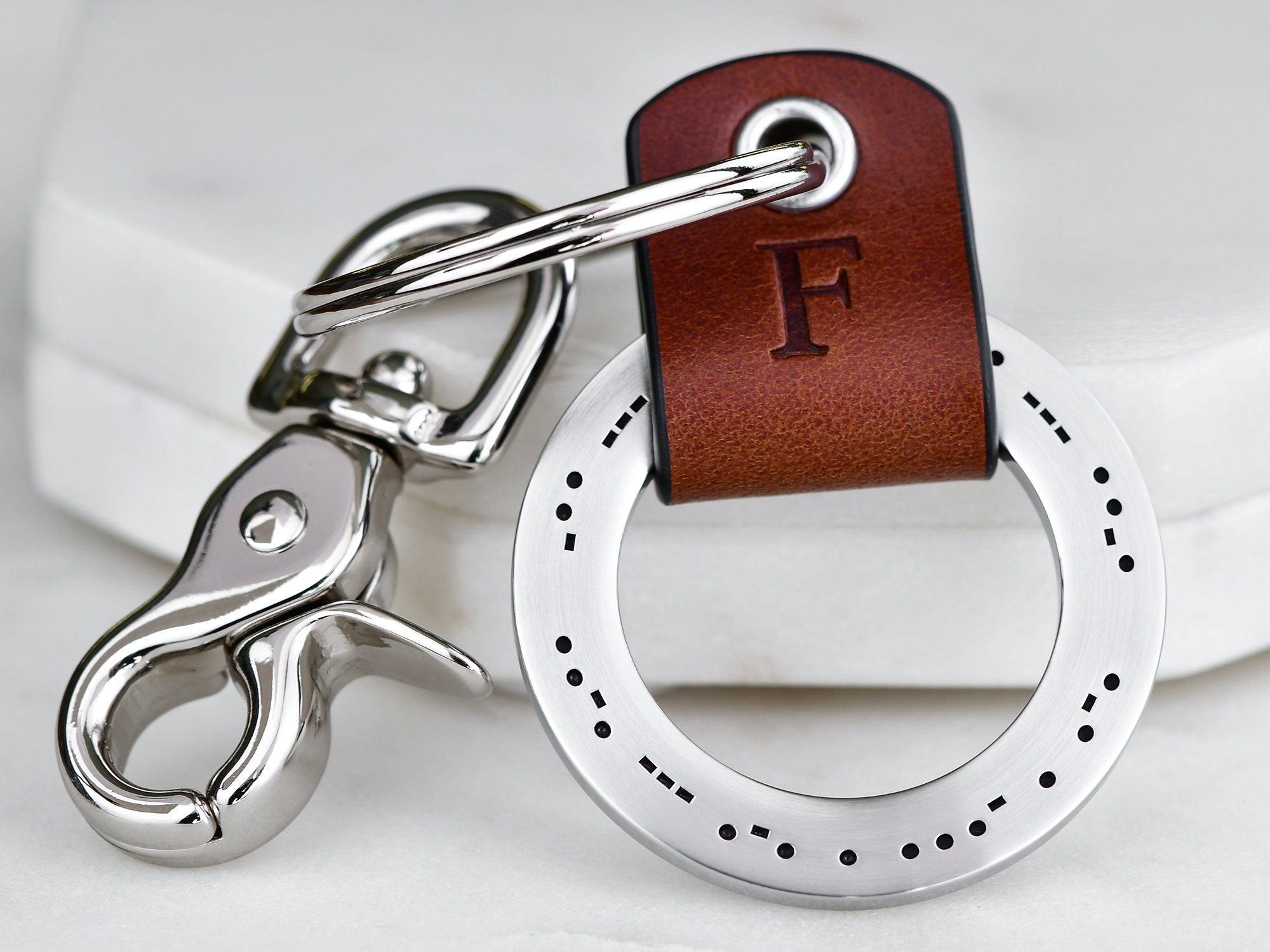 Maven Metals Raised Engraving Coordinates Leather Key Chain Ring