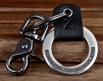 Personalized Engraved Leather Keychain For Man - Unique Real Leather Keyring with Raised Engraving