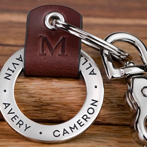 Custom Engraved Leather Keychain, Personalized Keychain For Him, Engrave with Names, Birthdates or ANY TEXT 40 chars, Made in USA image 1