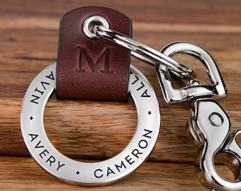 Custom Engraved Leather Keychain, Personalized Keychain For Him, Engrave with Names, Birthdates or ANY TEXT 45 chars, Made in USA