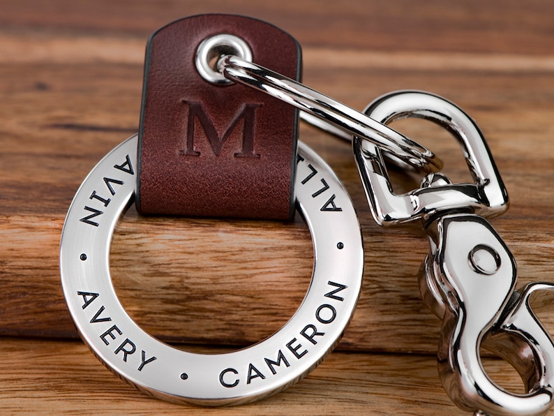 Custom Engraved Leather Keychain, Personalized Keychain For Him, Engrave with Names, Birthdates or ANY TEXT 40 chars, Made in USA image 1