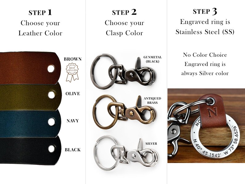 May include: Image detailing customisable keychain options. Step 1: Leather colours: brown, olive, navy, and black. Step 2: Clasp colours: gunmetal, antiqued brass, and silver. Step 3: Engraved stainless steel ring.