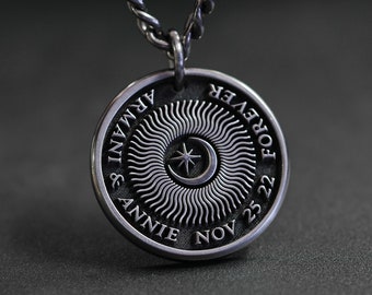 TITANIUM Custom Soulmate Necklace - Mens Sun Moon & Stars Necklace - Mens Pure Titanium Pendant - Customize with your own or words