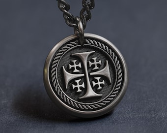 TITANIUM Five Fold Jerusalem Cross Necklace for Men, Customize back with your own words - Artisan Made In USA