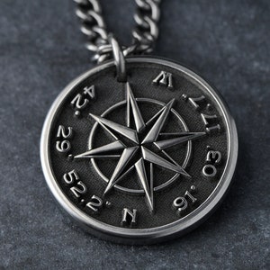 Custom Titanium Compass Necklace for Men – Personalized Coordinates Pendant – Engraved Mens Jewelry Gift