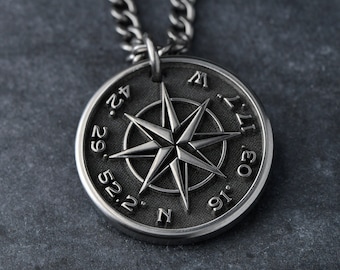 TITANIUM Custom Compass Necklace - Mens Pure Titanium Pendant - Customize with your own coordinates or words