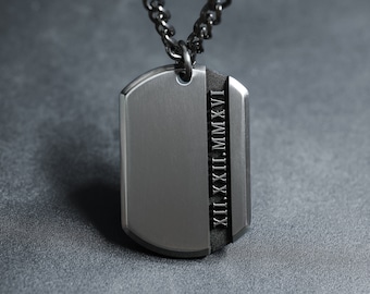 SMALL Titanium Custom Roman Numerals Dog Tag - Mens Titanium Necklace - Pure Titanium 1" x 1.4" - Handcrafted in USA