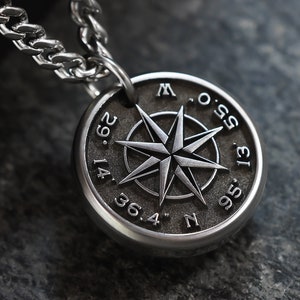 Mens Compass Necklace Custom Coordinates Necklace Engraved with your own words or coordinates image 1