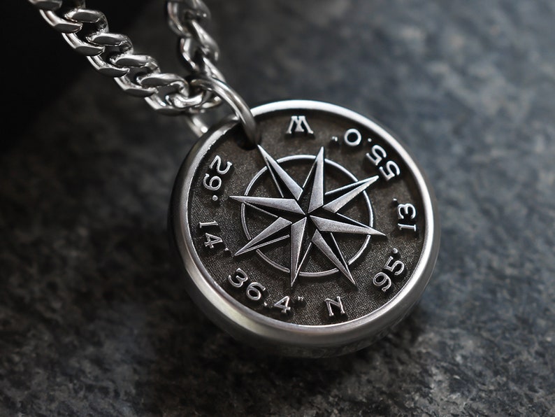 Mens Compass Necklace Custom Coordinates Necklace Engraved with your own words or coordinates image 1