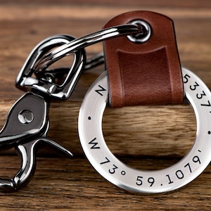Personalized Gift Custom Coordinates Leather Keychain or ANY TEXT Deeply Engraved Leather w/ Stainless Steel image 1