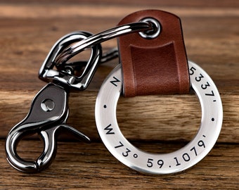 Personalized Gift - Custom Coordinates Leather Keychain or ANY TEXT Deeply Engraved - Leather w/ Stainless Steel