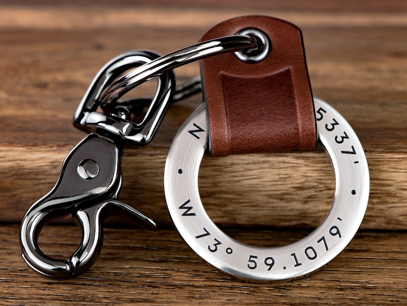 Personalized Gift Custom Coordinates Leather Keychain or ANY TEXT Deeply Engraved Leather w/ Stainless Steel image 1