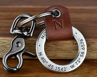 Coordinates Keychain Gift For Man - Custom Leather keychain Engraved Gift