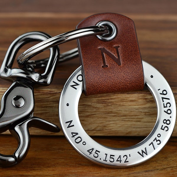Coordinates Keychain Gift For Man - Custom Leather keychain Engraved Gift