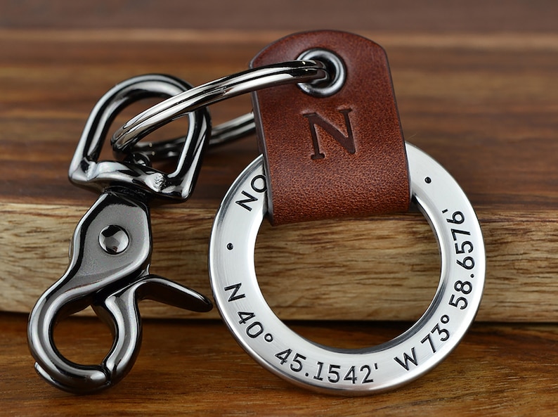 Coordinates Keychain Gift For Man Custom Leather keychain Engraved Gift image 1