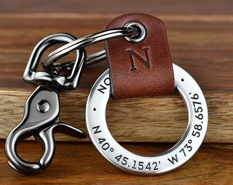 Mens Personalized Anniversary Gift for Men Custom Coordinates Leather Keychain, Husband Gift, Retirement Keychain - Made in USA