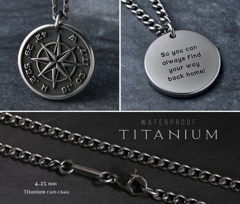 Mens Compass Necklace Custom Coordinates Necklace Engraved with your own words or coordinates image 10