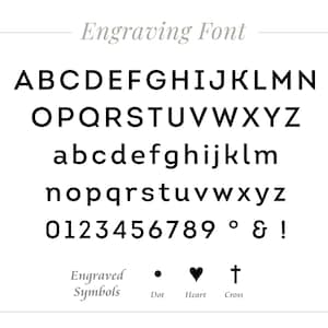 May include: A white background displays an engraving font with uppercase and lowercase letters, numbers, and symbols. The text "Engraving Font" is at the top. Below are the letters A-Z, a-z, numbers 0-9, and symbols.