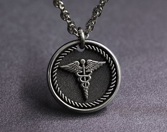 TITANIUM Caduceus Womens Necklace, Waterproof Womens Medical Necklace, Med School Gift, Engrave your own words on back
