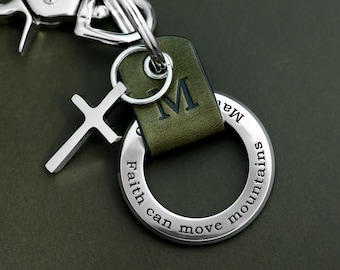Personalized Confirmation Keychain for Boys, Engraved Leather Initial, Stainless Steel Cross Charm