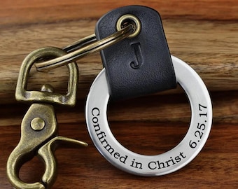 Personalized Confirmation Gift, Engraved Leather Keychain, Religious Sponsor Gift