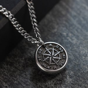 Mens Compass Necklace Custom Coordinates Necklace Engraved with your own words or coordinates image 2