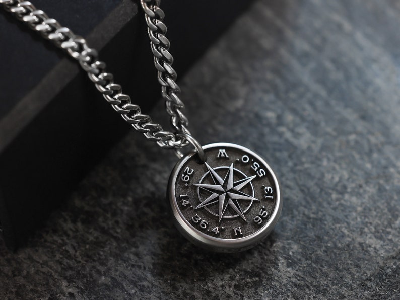 Mens Compass Necklace Custom Coordinates Necklace Engraved with your own words or coordinates image 2