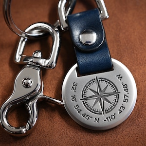 Mens Compass Keychain - Deep Engraved Compass with your own custom text - Handcrafted Folded Leather Keychain