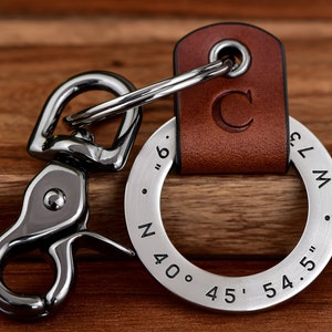 Custom Coordinates Keychain, Mens Personalized Leather Keychain - Latitude Longitude GPS Keychain or Any text of your choice