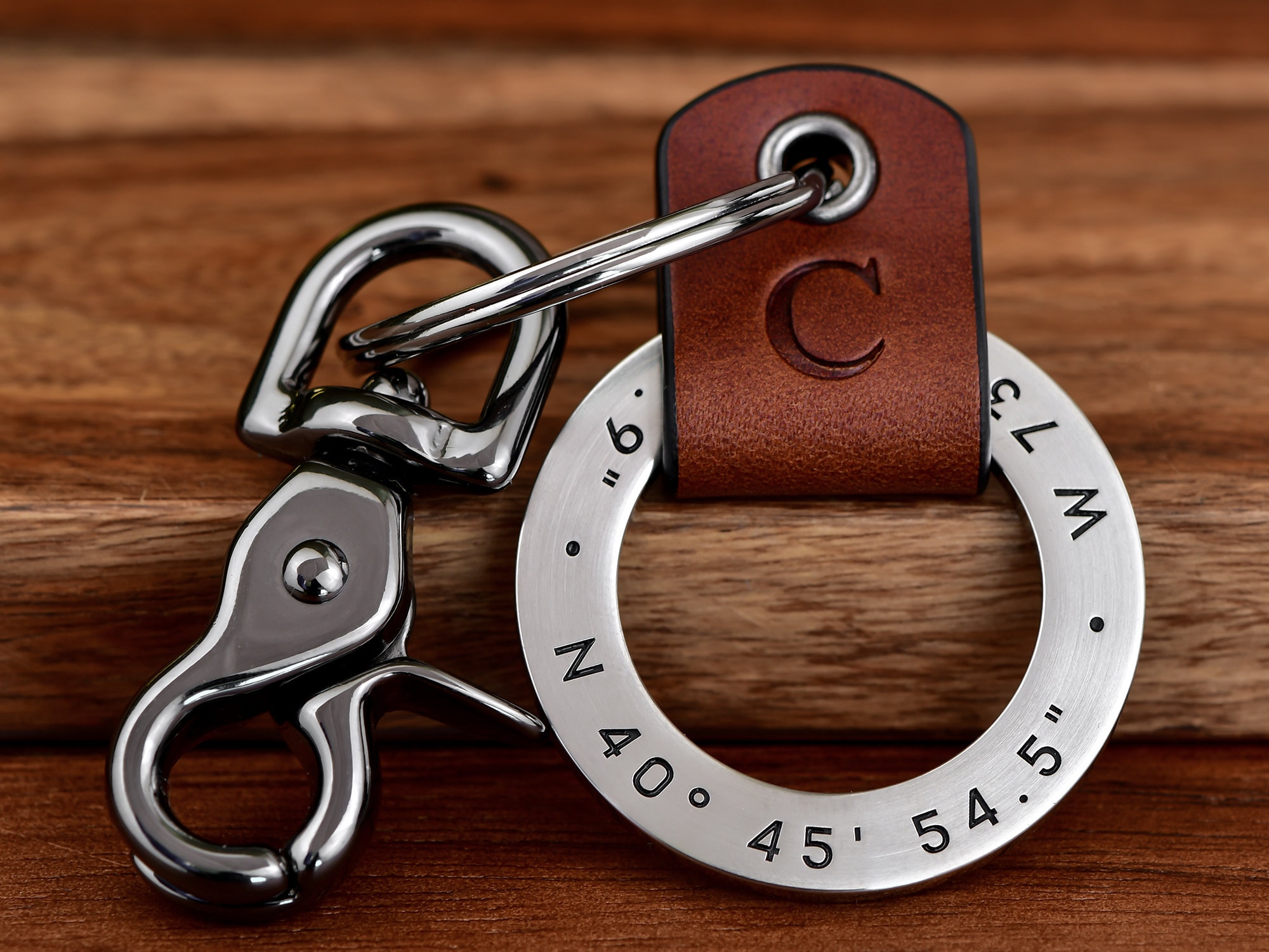 Custom Coordinates Keychain, Mens Personalized Leather Keychain