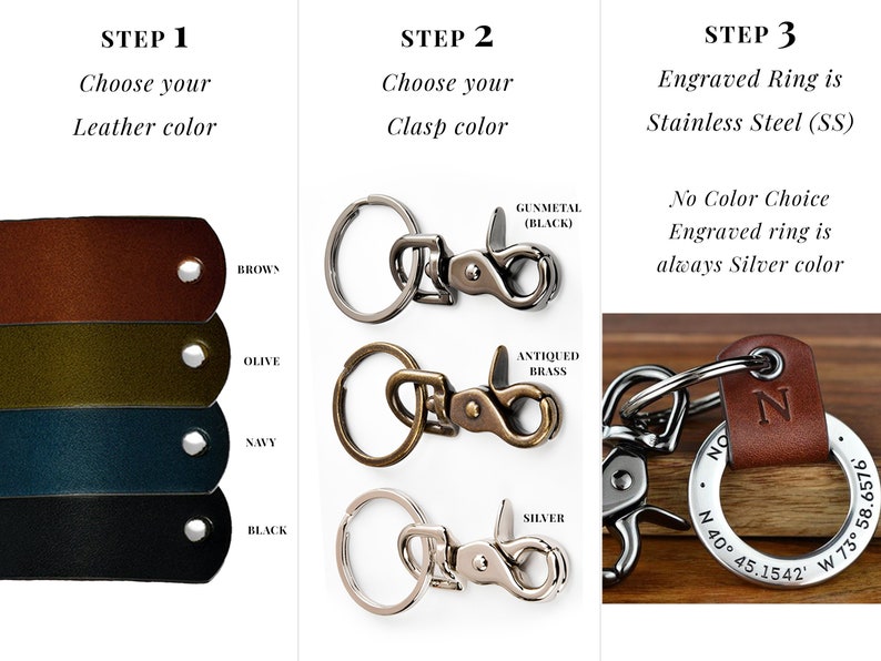 Personalized Gift Custom Coordinates Leather Keychain or ANY TEXT Deeply Engraved Leather w/ Stainless Steel image 2