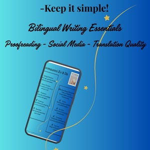 Può includere: Uno schermo di smartphone mostra "Proofreading EN & DE" con un elenco di servizi. L'immagine presenta testo in tedesco e inglese, tra cui "Bilingual Writing Essentials" e "Translation Quality" su uno sfondo blu sfumato.