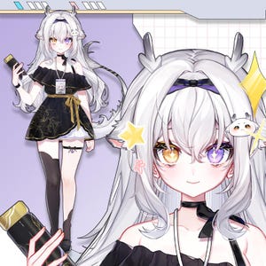 May include: An anime-style character illustration. The character has long white hair, heterochromatic eyes, and wears a black dress with gold accents. The character is holding a black and gold object.