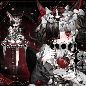 May include: Illustration of a gothic anime character with black and white hair, red eyes, and a devilish grin. The character is holding a teacup with a red apple inside. The background is dark red with stars.