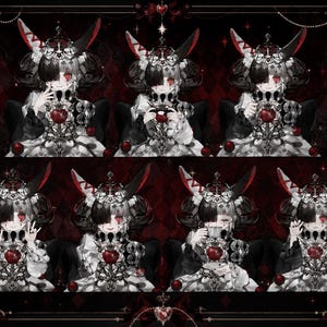 May include: A digital illustration featuring multiple depictions of a character with black and white hair, wearing a crown and bunny ears with red accents. The character is dressed in a black and white outfit and holds a red apple. The background is a dark red with diamond patterns.