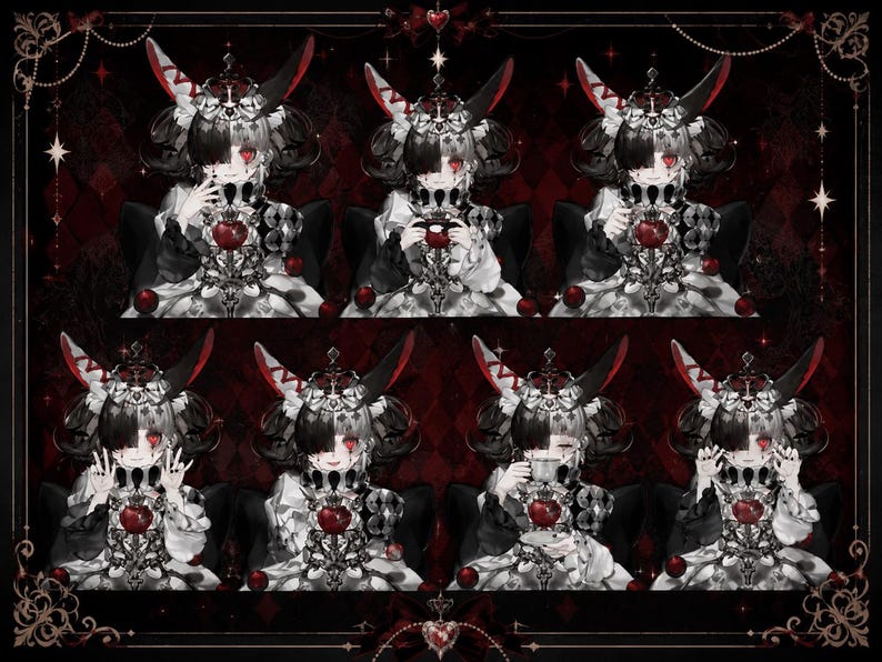May include: A digital illustration featuring multiple depictions of a character with black and white hair, wearing a crown and bunny ears with red accents. The character is dressed in a black and white outfit and holds a red apple. The background is a dark red with diamond patterns.