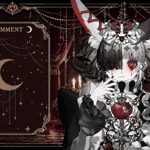 May include: An illustration of a character with black and white hair, red eyes, and a gothic-style outfit. The character has large horns and is adorned with ornate jewelry. A decorative frame with the word "COMMENT" and a crescent moon is on the left.