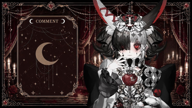 May include: An illustration of a character with black and white hair, red eyes, and a gothic-style outfit. The character has large horns and is adorned with ornate jewelry. A decorative frame with the word "COMMENT" and a crescent moon is on the left.