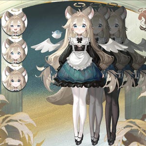 以下が含まれることがあります： 長い金髪、動物の耳、天使の羽を持つキャラクターのデジタルイラスト。黒とティールのドレスに白いエプロンを着ています。キャラクターは青い目を持ち、さまざまな表情の顔の複数の画像に囲まれています。
