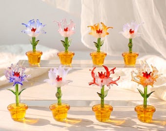 Mini Handmade Glass Flower Statue, Small Potted Glass Bloom Window Sill Decor, Miniature Ornament, Gift For Her
