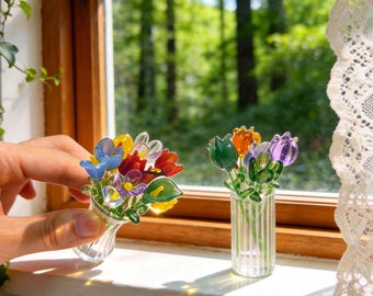 Handmade Glass Flower Bouquet, Forever Flower Gift, Miniature Glass Art, Stained Glass Suncatcher, Unique Birthday Gift for Mom, Grandma