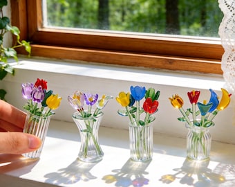 Mini Glass Flower Bouquet, Miniature Glass Tulips, Blown Glass Flower Figurine, Cute Desk Accessories, Window Sill Decor, Gift for her