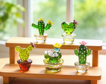Cute Glass Cactus Decor, Colorful Heart Shaped Glass Plant, Unique Office Desk Decor,Tiny Succulent Figurine,Housewarming Gift,Birthday Gift