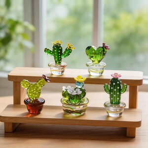 May include: A collection of six glass cactus figurines in various shapes and colors, displayed on a two-tiered wooden shelf. The cacti are green with yellow, pink, and white flower accents, and sit in small glass pots.