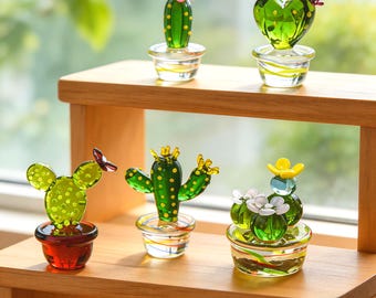 Mini Glass Cactus Figurine, Hand Blown Glass Plant, Tiny Saguaro Decor, Small Desk Accessory, Fairy Garden Supplies, Gift for Plant Lovers
